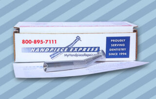 A Handpiece Express branded mailer box with a dental handpiece in front of it.