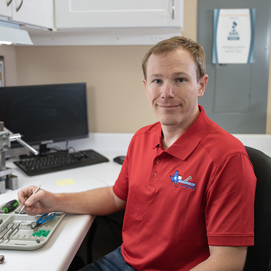Chase Williams at Handpiece Express repairing a dental handpiece Chase Williams at Handpiece Express repairing a dental handpiece
